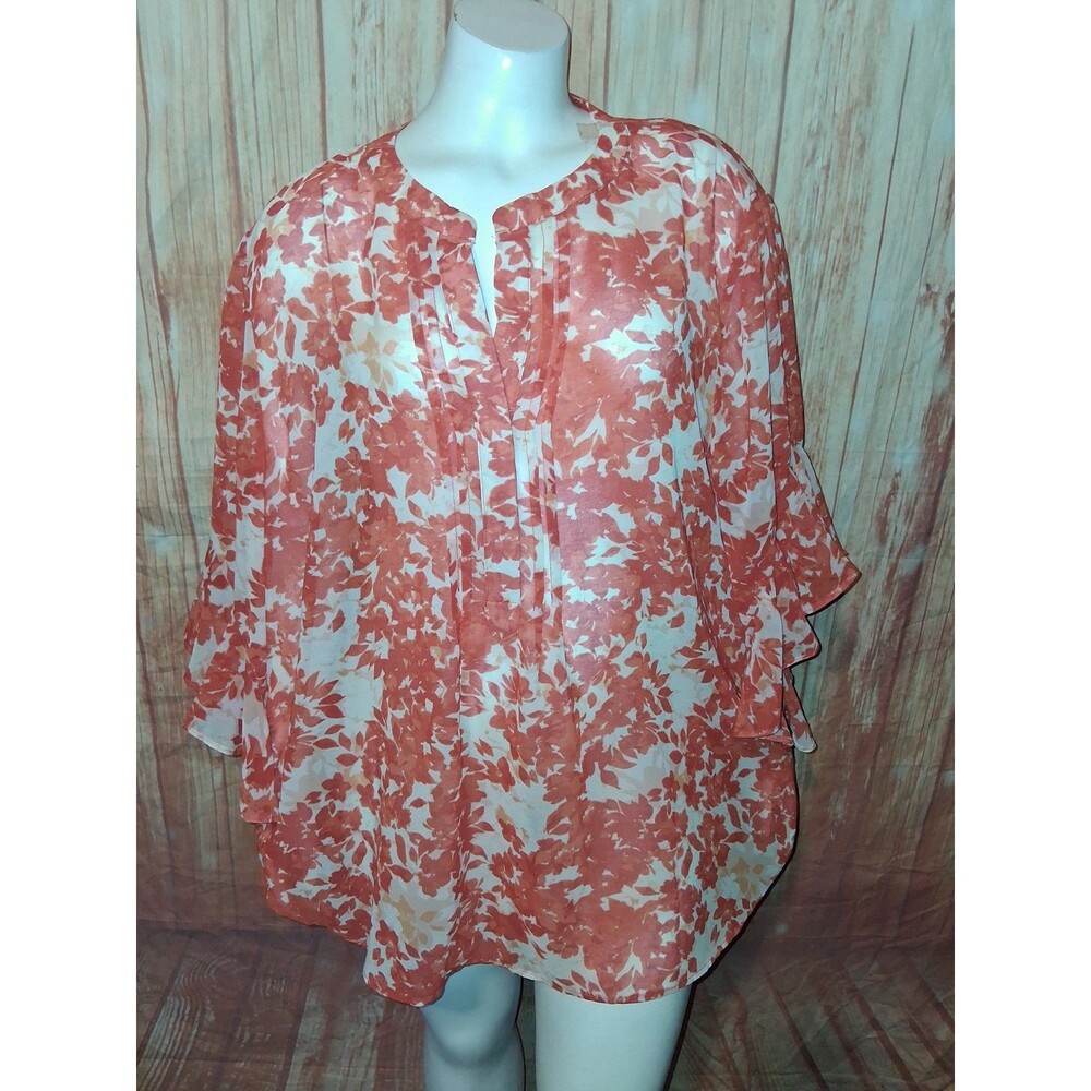 Vince Camuto Orange Floral Sheer Short Ruffle Sleeve Blouse Sz XXL